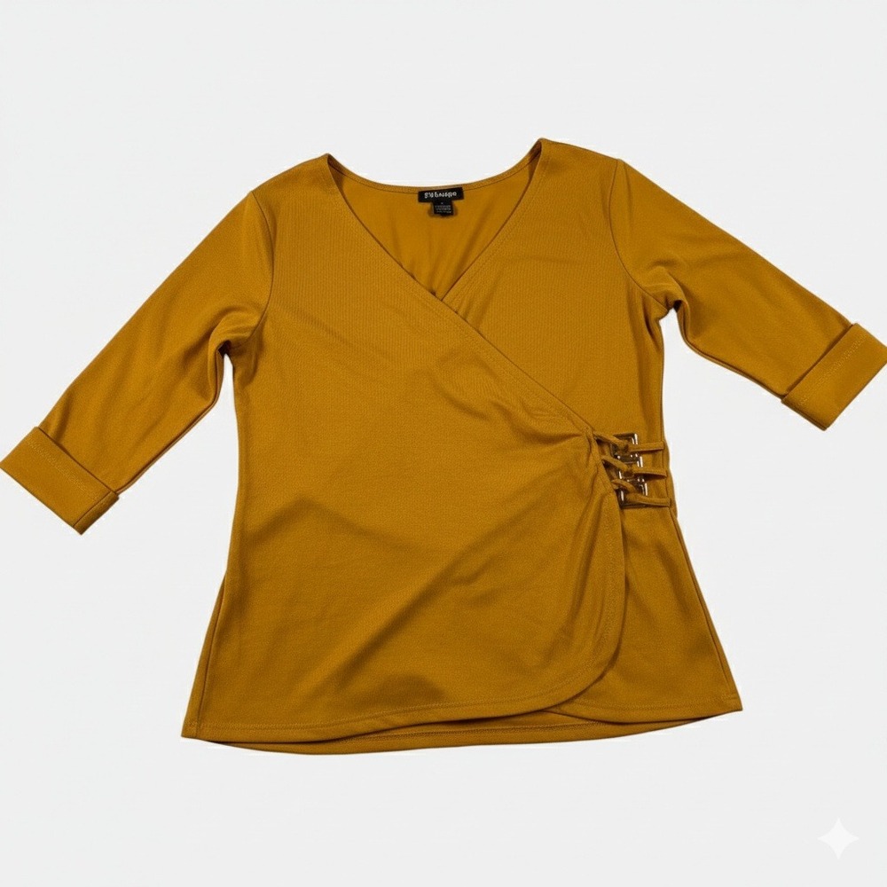 BYdesign Womens Mustard Yellow Faux Wrap V-neck Top Buckle Detail Size Small
